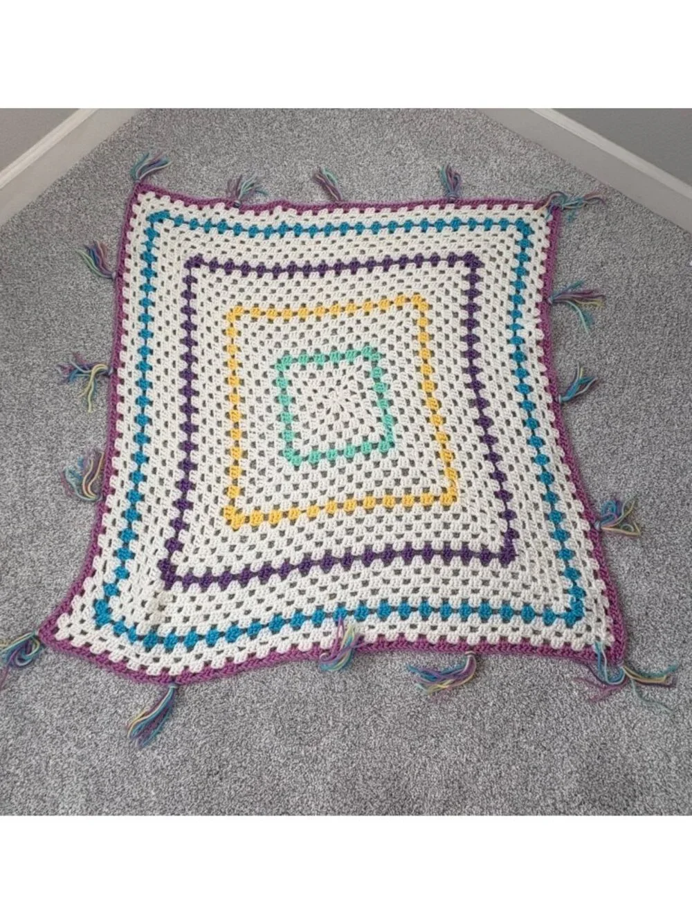 Handmade Crocheted Blanket Multi colored Tassels 32 x 30 Inches